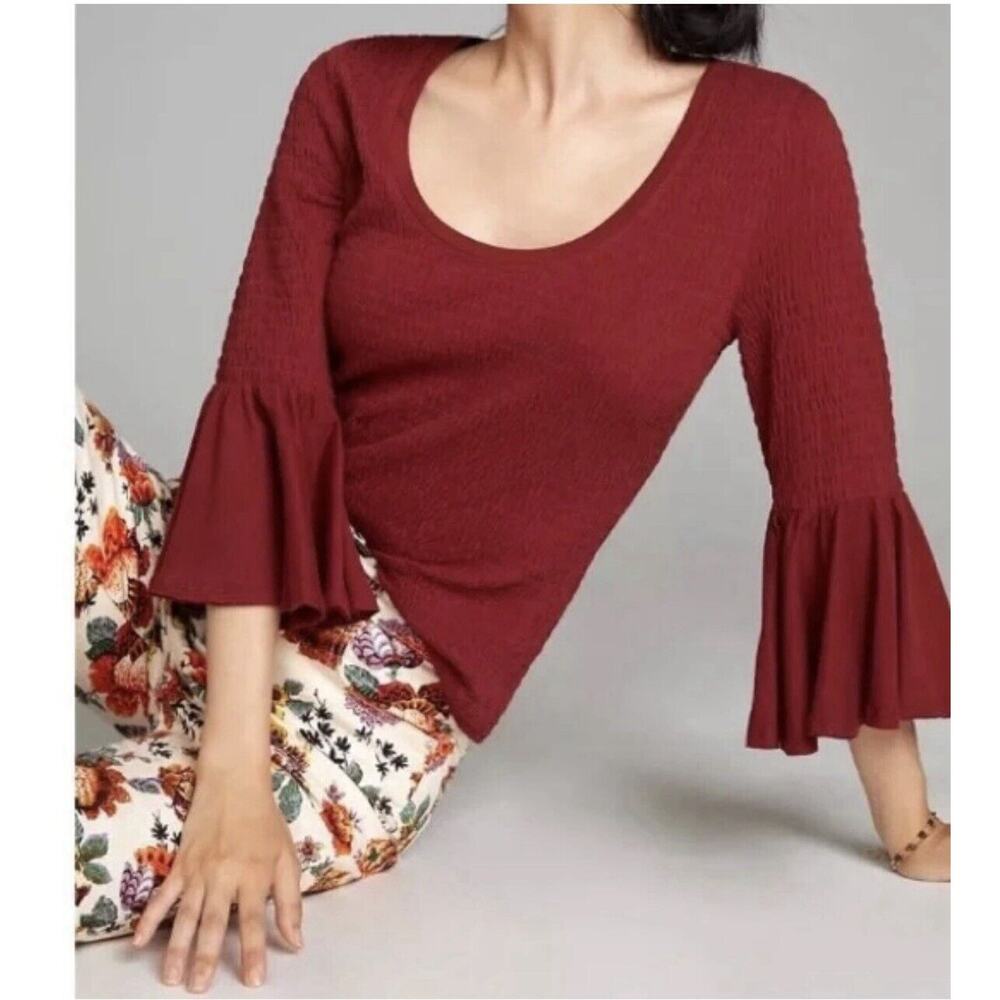By Anthropologie Womens Smocked Bell Sleeve Top Shirt‎ Medium Stretch Maroon